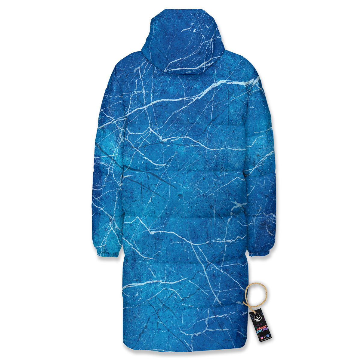 Marble Ice Blue Print Long Down Jacket-grizzshop