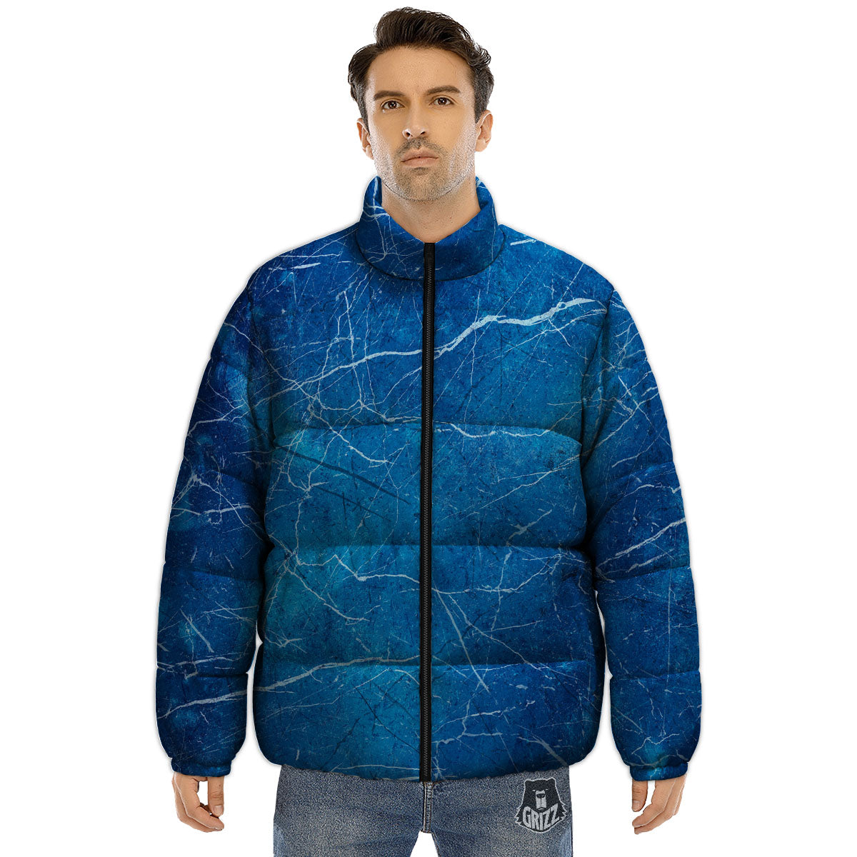 Marble Ice Blue Print Puffer Jacket-grizzshop
