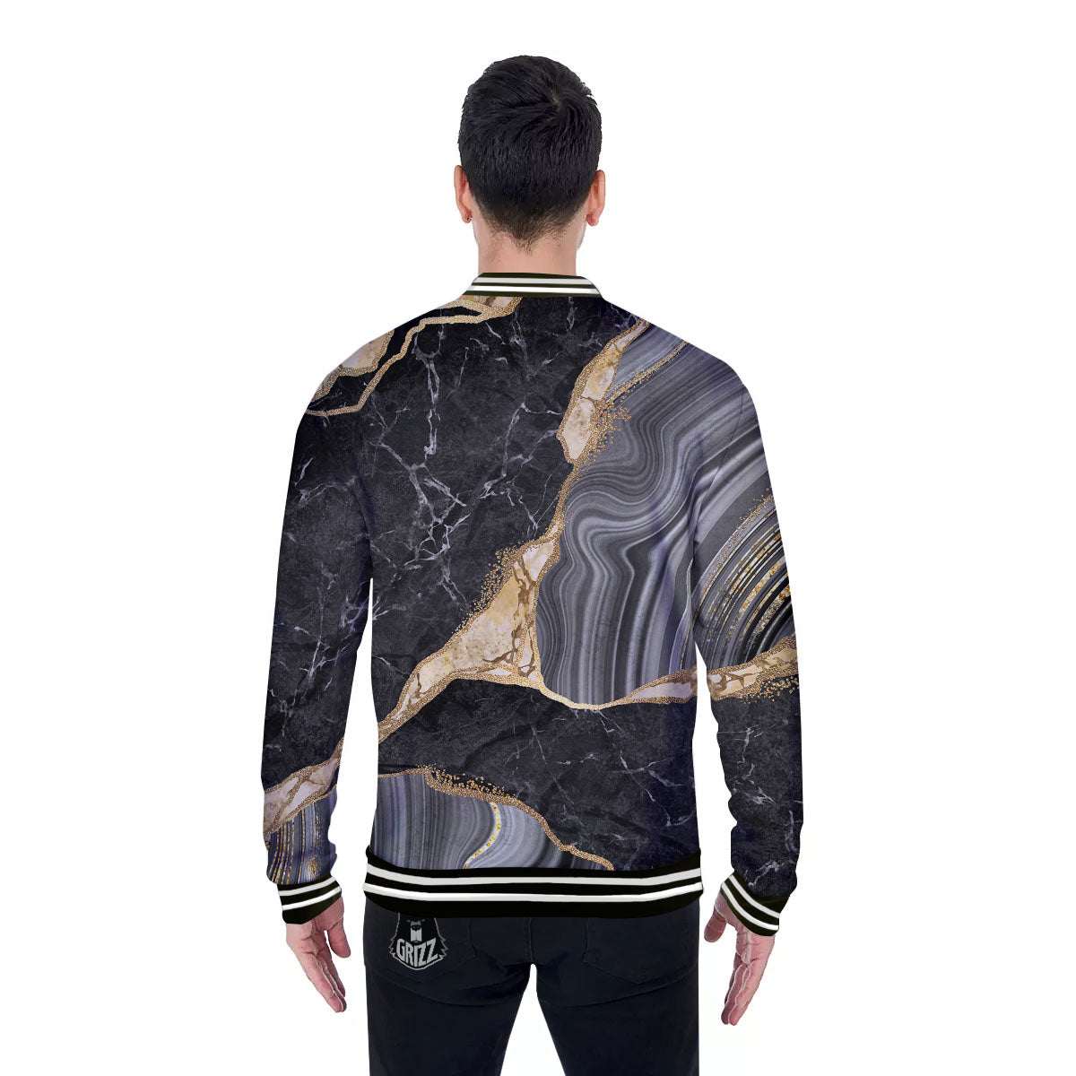 Marble Liquid Black Gold Print Baseball Jacket-grizzshop