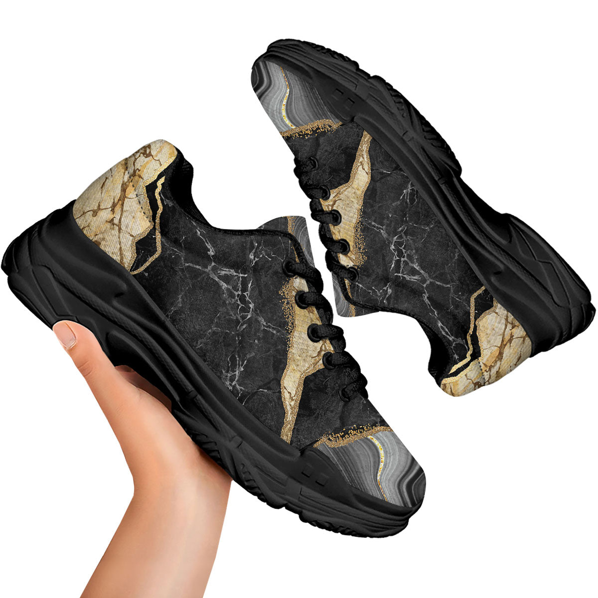 Marble Liquid Black Gold Print Black Chunky Shoes-grizzshop