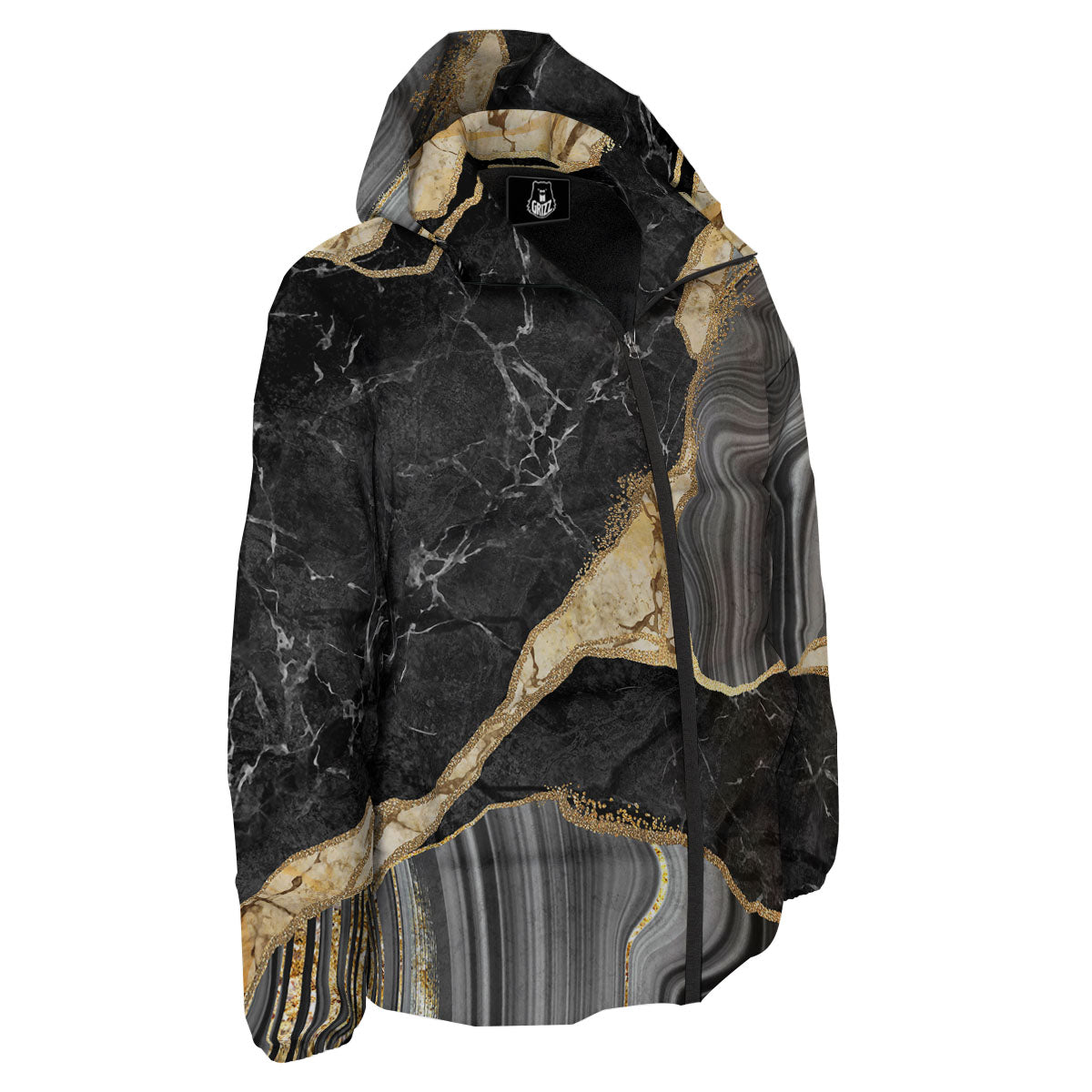 Marble Liquid Black Gold Print Down Jacket-grizzshop
