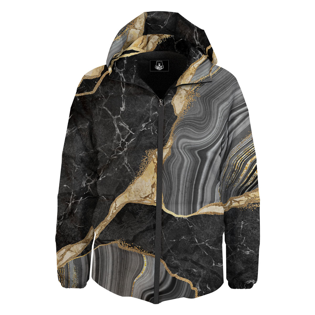 Marble Liquid Black Gold Print Down Jacket-grizzshop