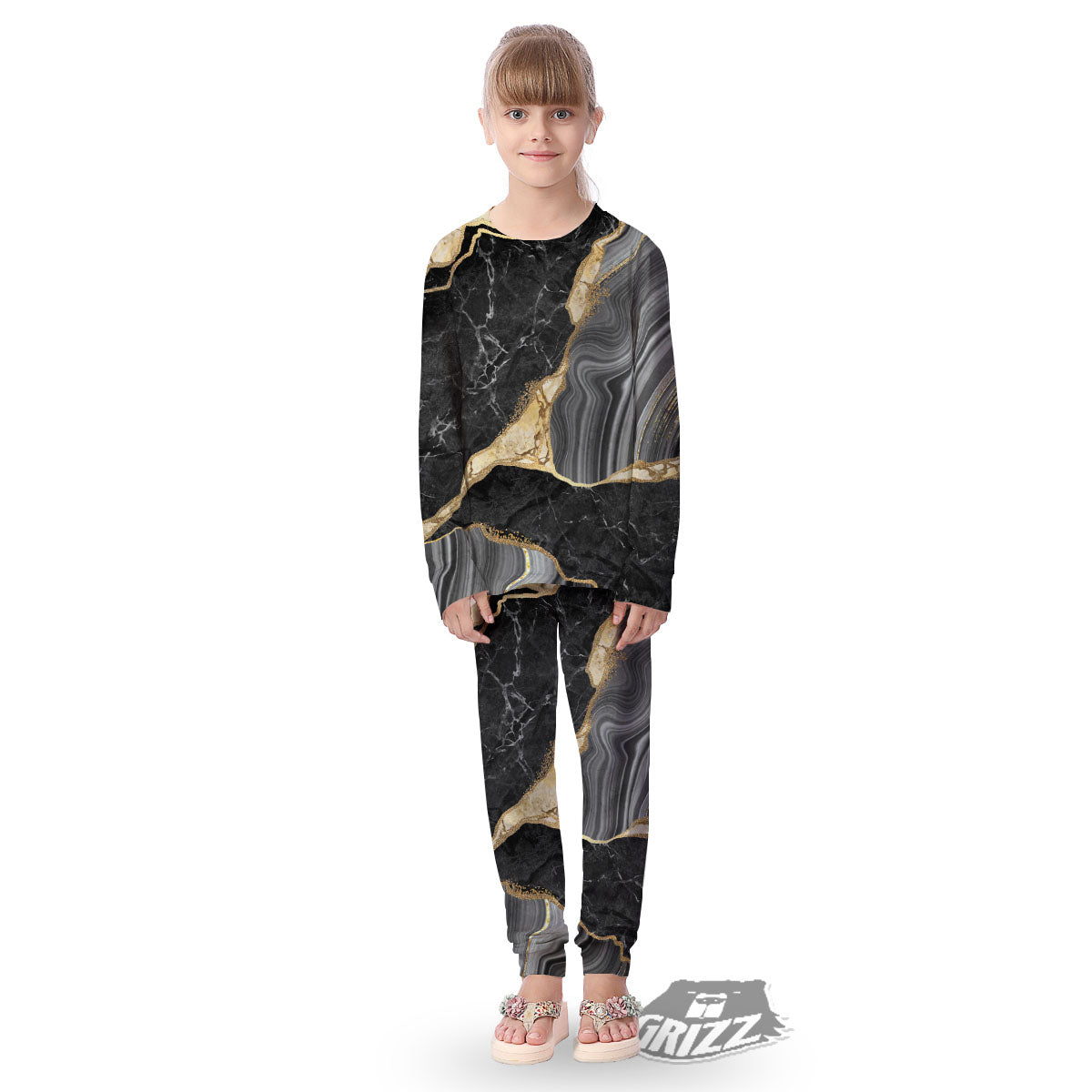 Marble Liquid Black Gold Print Kid's Pajamas-grizzshop