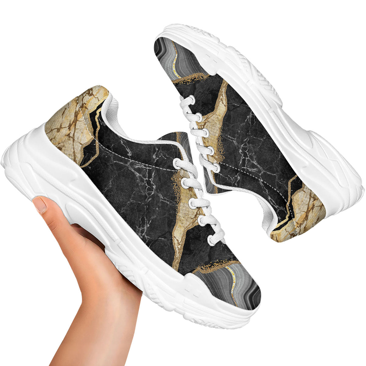 Marble Liquid Black Gold Print White Chunky Shoes-grizzshop