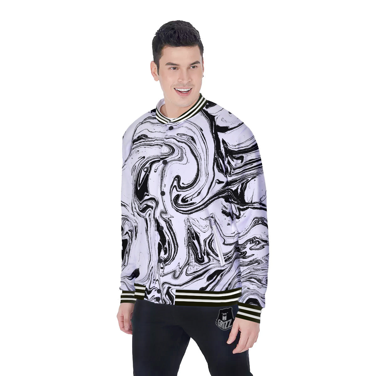 Marble Liquid Black White Print Baseball Jacket-grizzshop