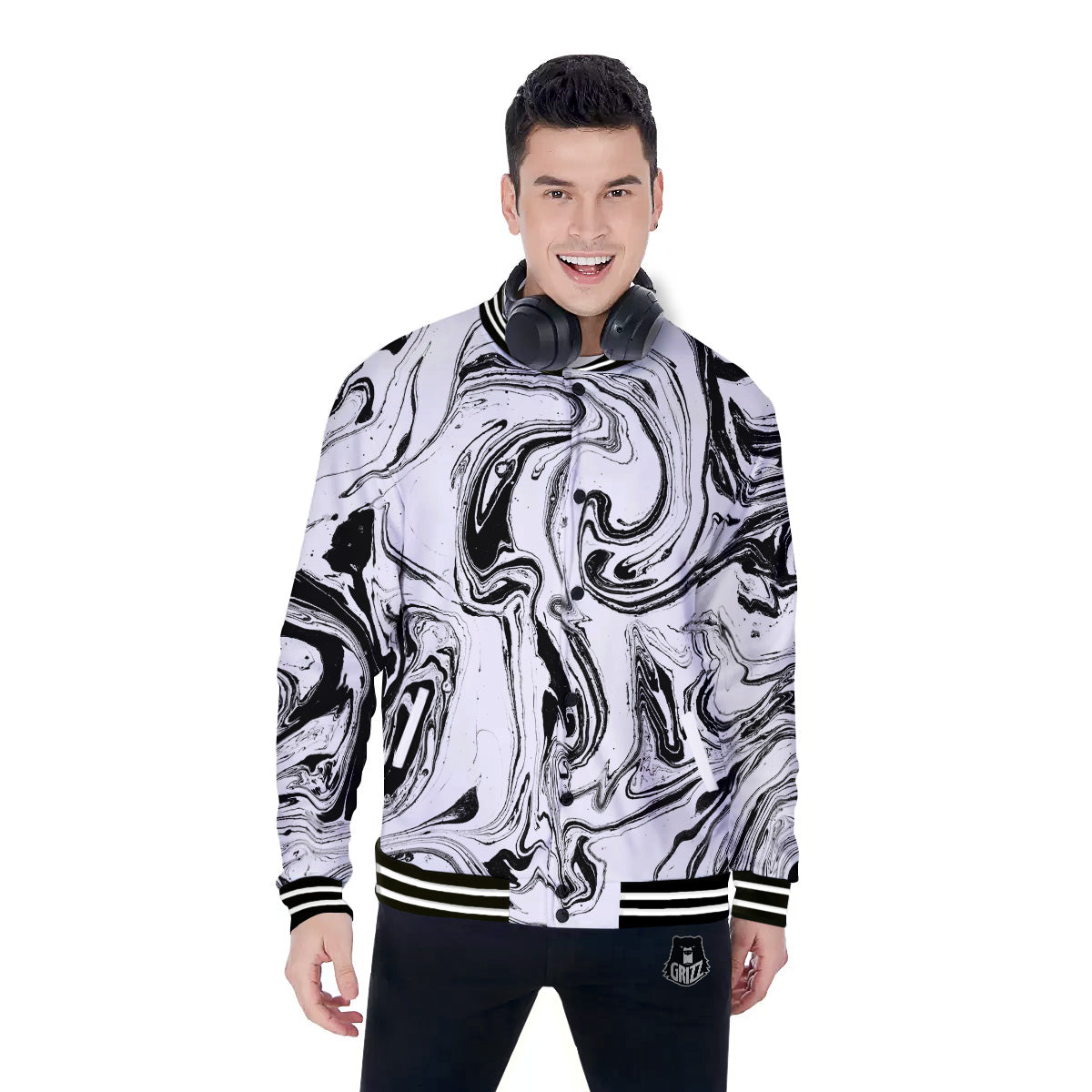 Marble Liquid Black White Print Baseball Jacket-grizzshop