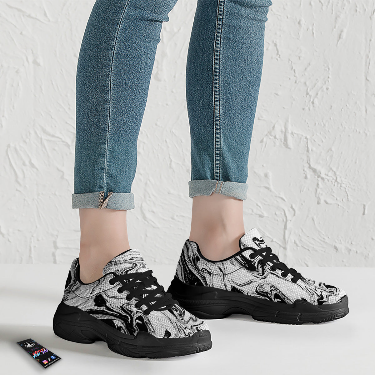 Marble Liquid Black White Print Black Chunky Shoes-grizzshop