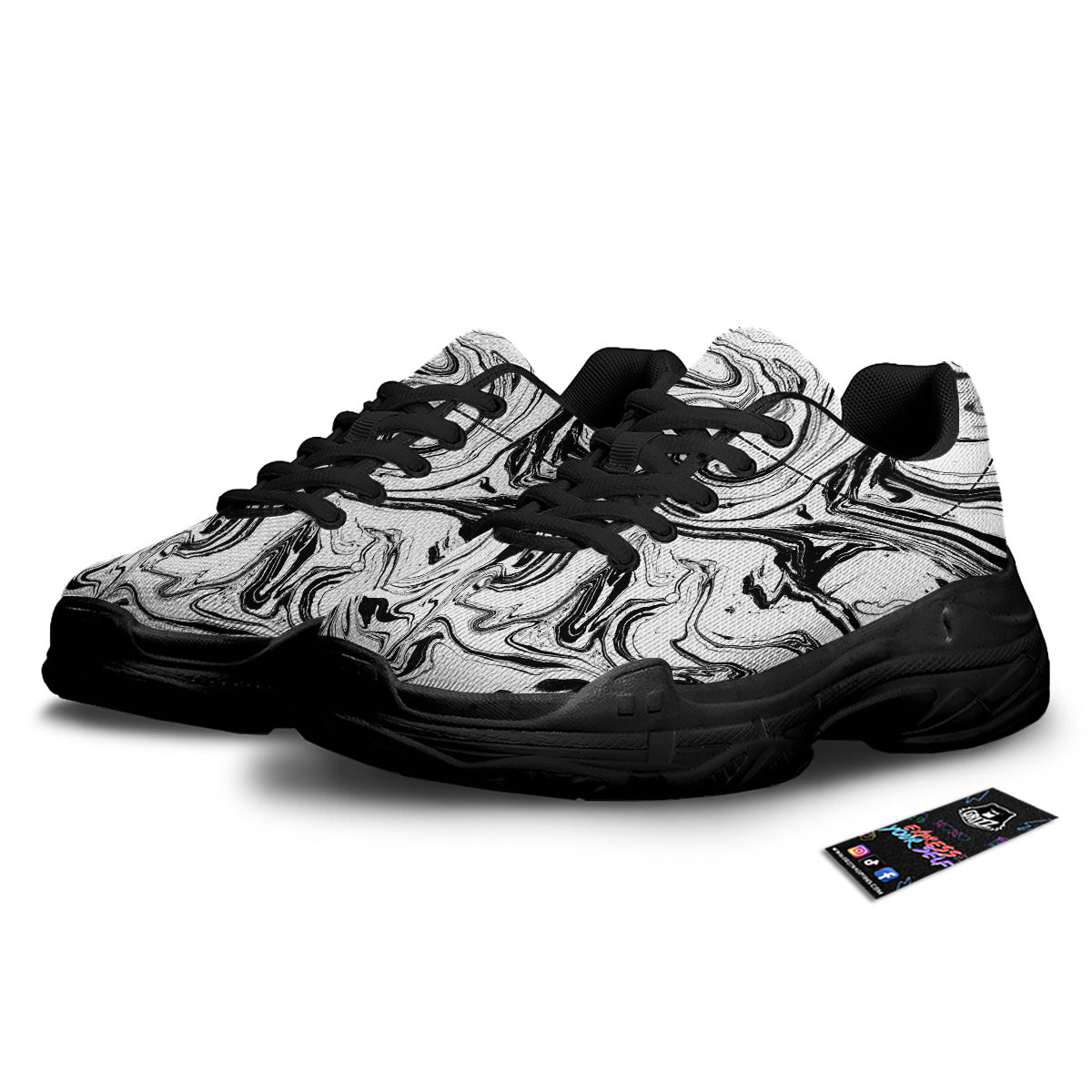 Marble Liquid Black White Print Black Chunky Shoes-grizzshop