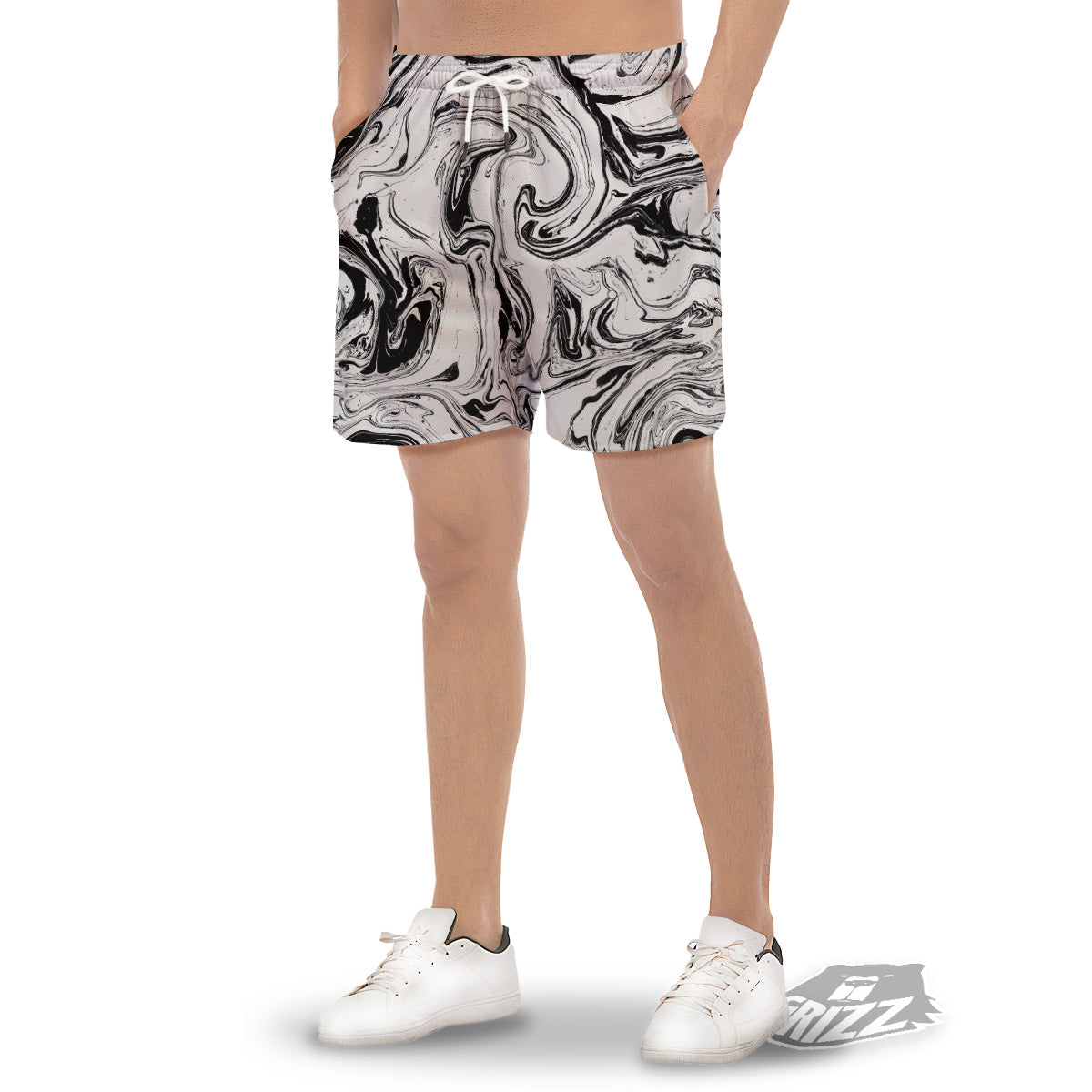 Marble Liquid Black White Print Men's Gym Shorts-grizzshop