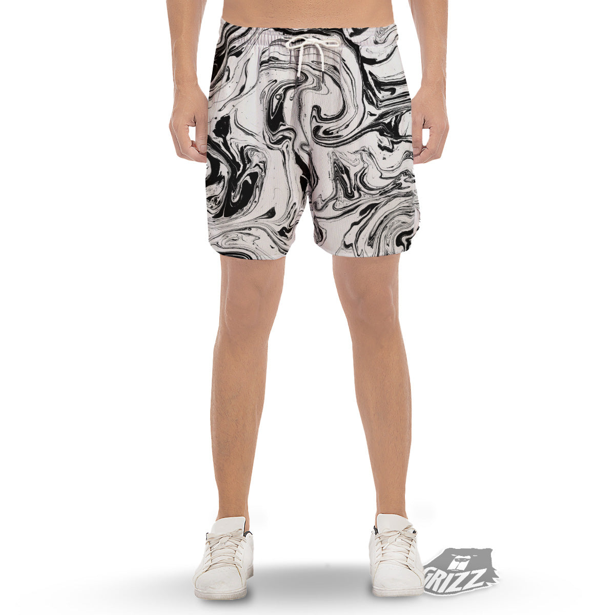 Marble Liquid Black White Print Men's Gym Shorts-grizzshop