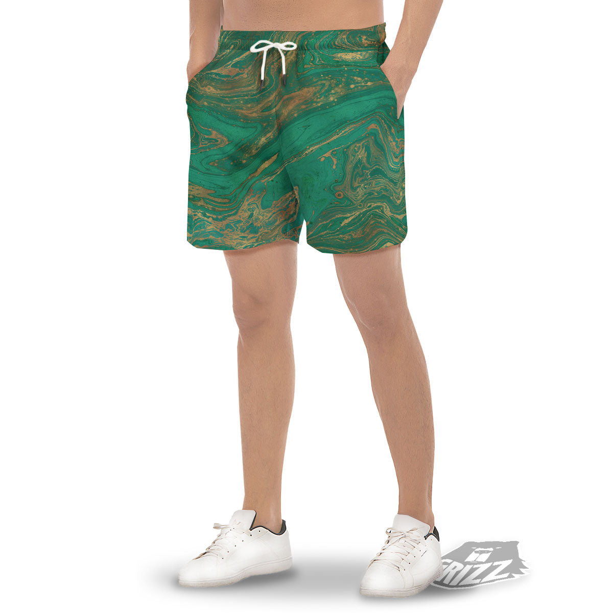 Marble Liquid Green Gold Print Men's Gym Shorts-grizzshop