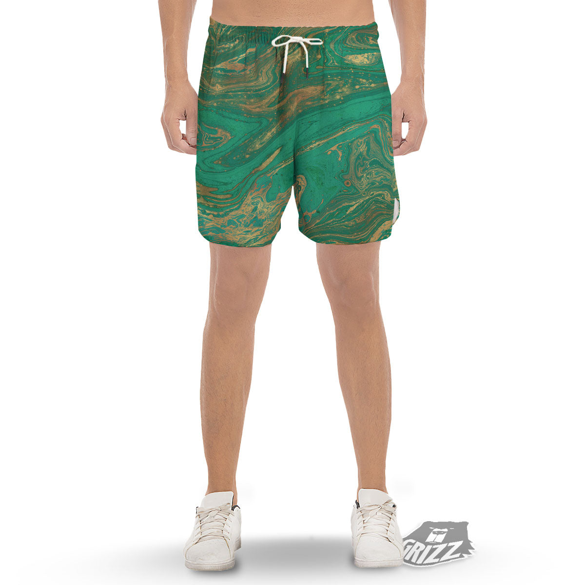 Marble Liquid Green Gold Print Men's Gym Shorts-grizzshop