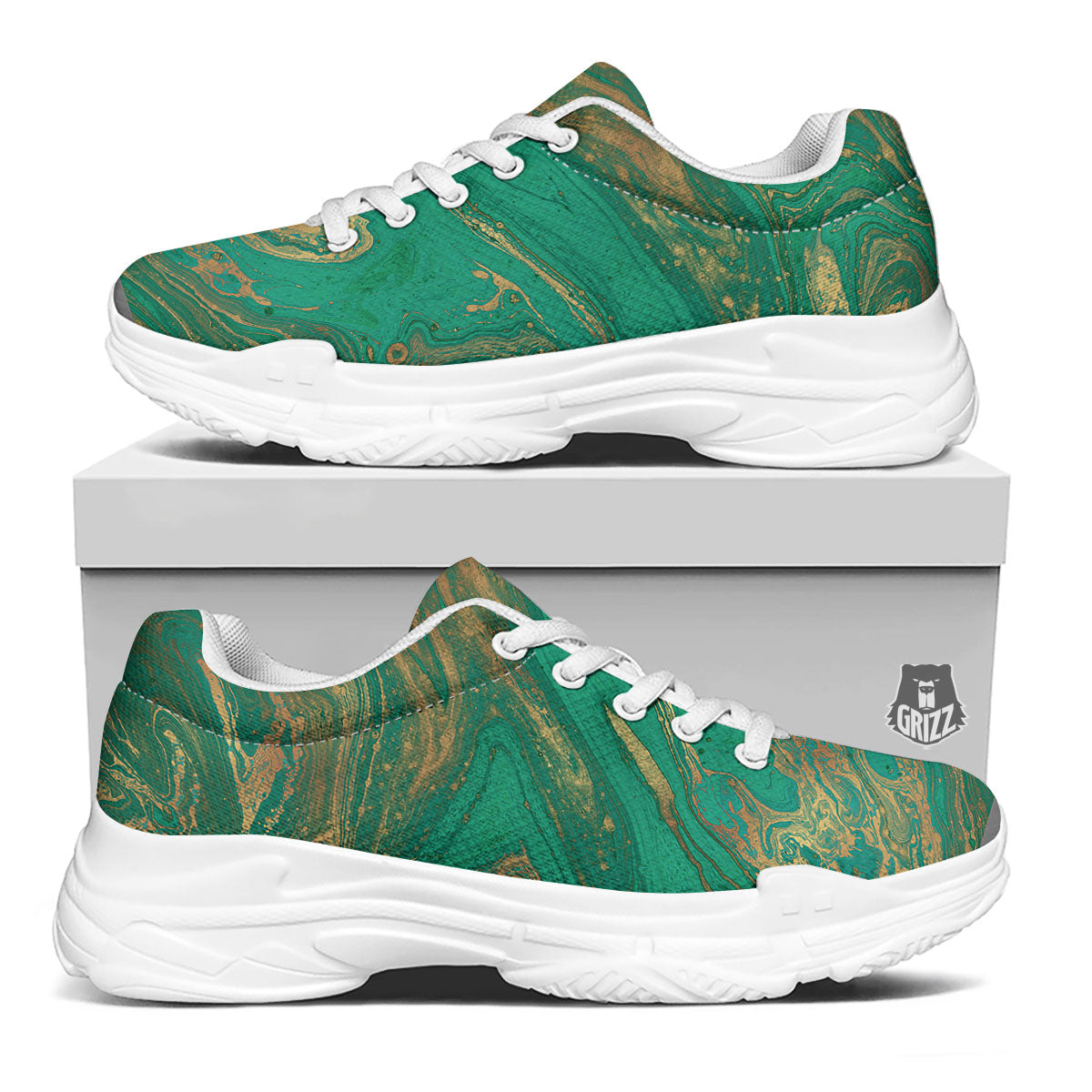 Marble Liquid Green Gold Print White Chunky Shoes-grizzshop