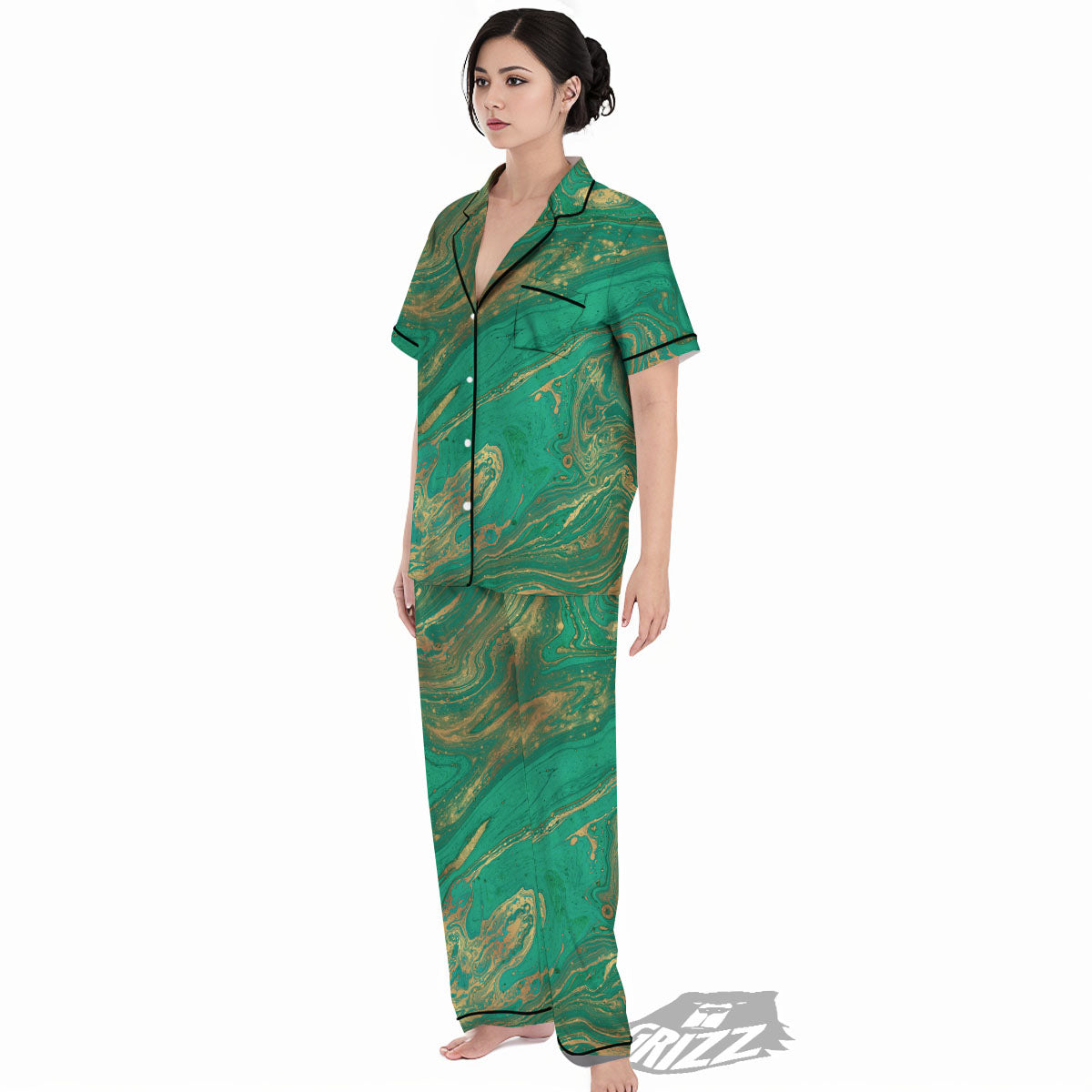 Marble Liquid Green Gold Print Women's Pajamas Set-grizzshop