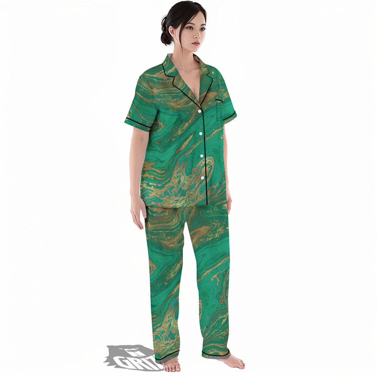Marble Liquid Green Gold Print Women's Pajamas Set-grizzshop