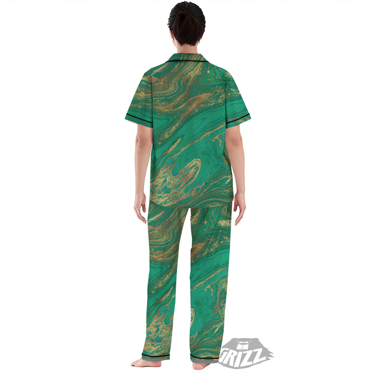 Marble Liquid Green Gold Print Women's Pajamas Set-grizzshop