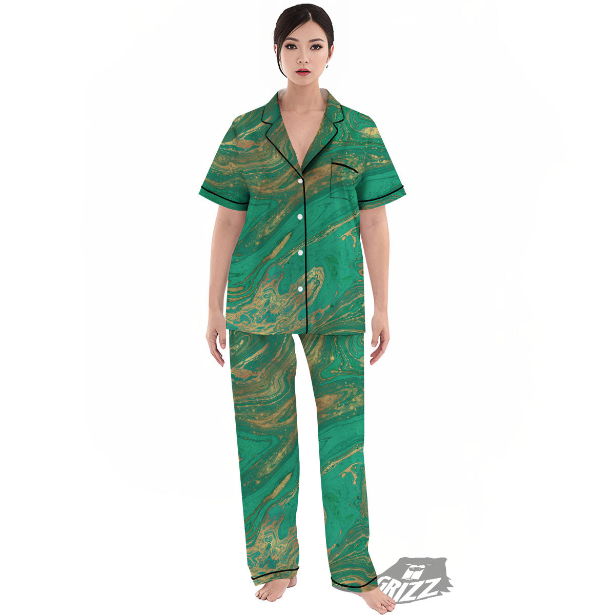Marble Liquid Green Gold Print Women's Pajamas Set-grizzshop