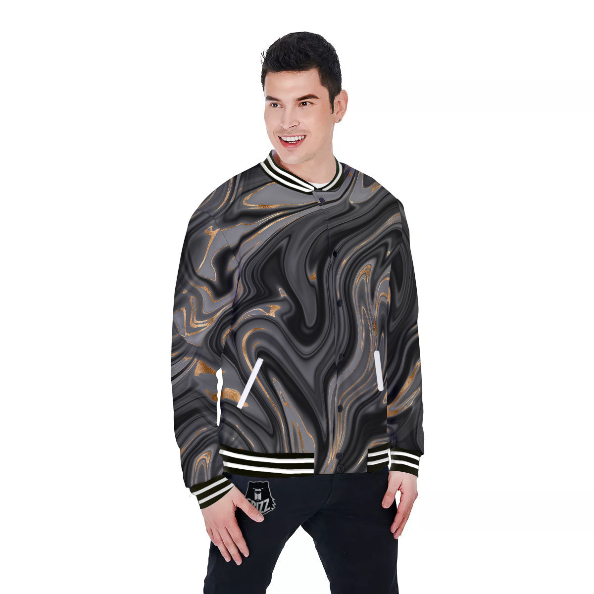 Marble Liquid Grey Gold Print Baseball Jacket-grizzshop