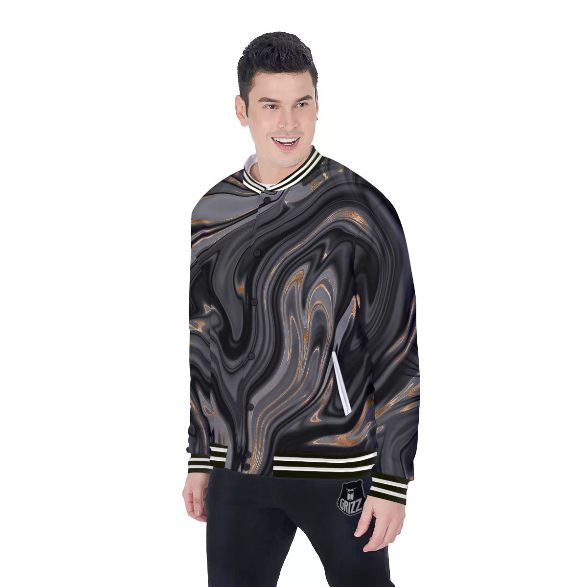 Marble Liquid Grey Gold Print Baseball Jacket-grizzshop