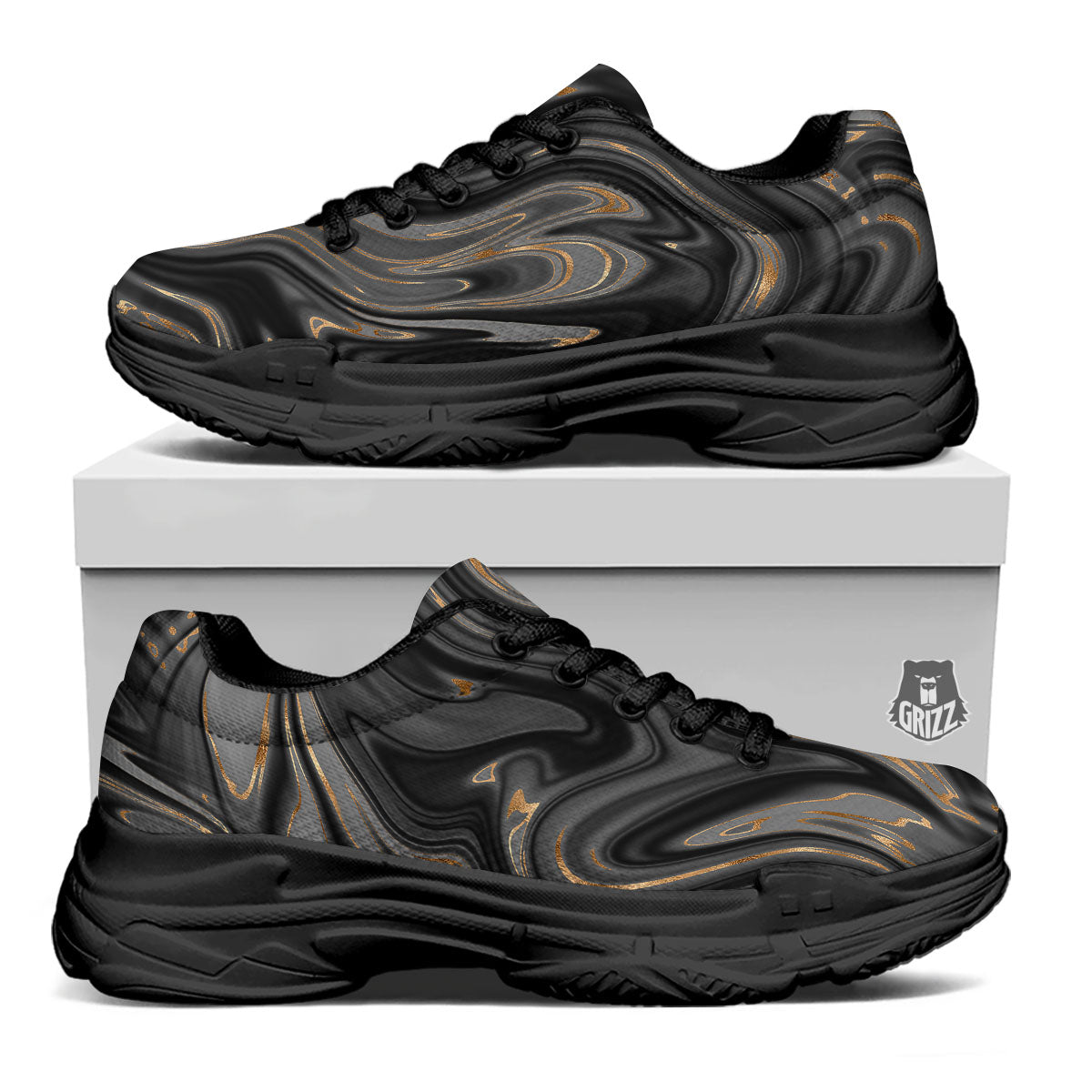 Marble Liquid Grey Gold Print Black Chunky Shoes-grizzshop