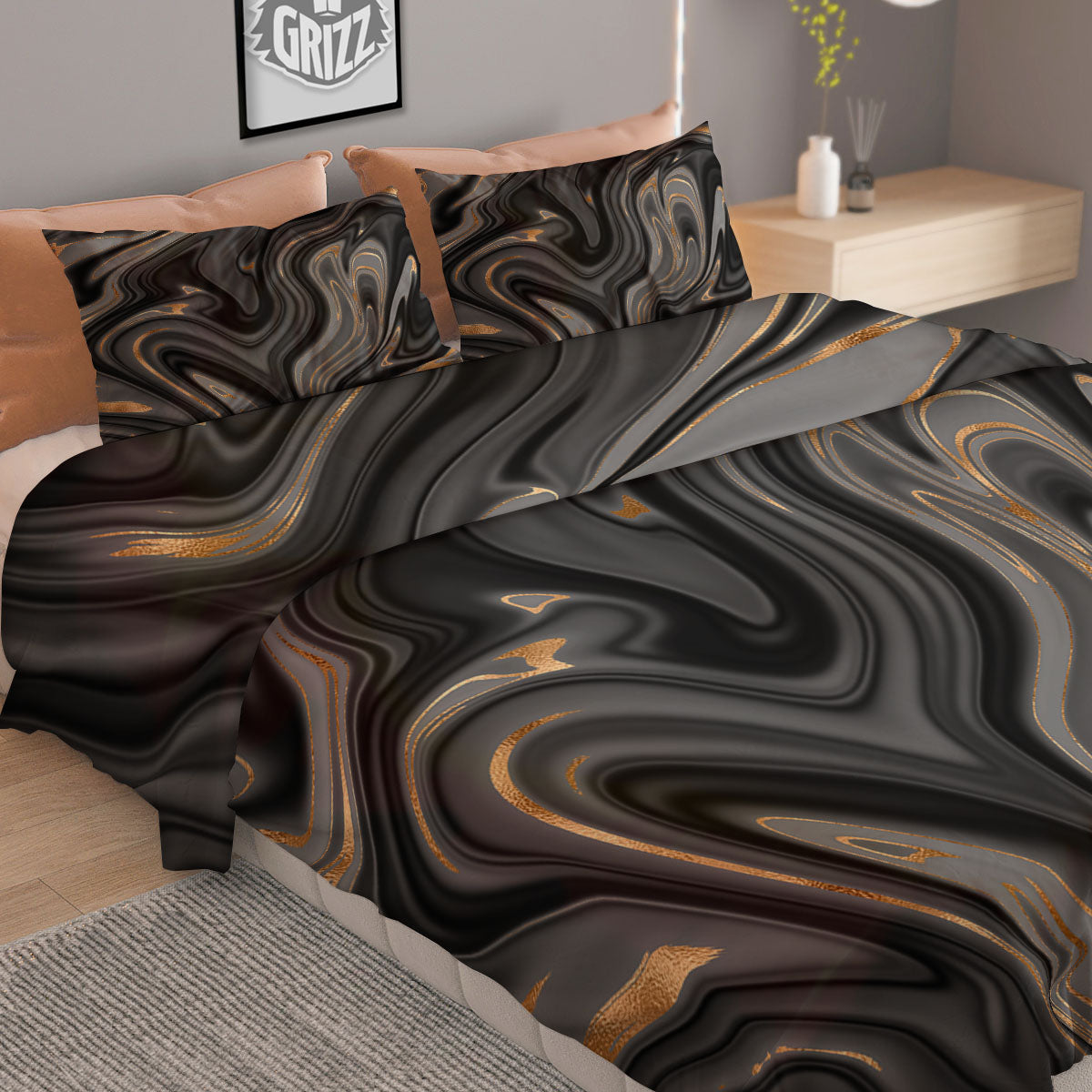 Marble Liquid Grey Gold Print Duvet Cover Bedding Set