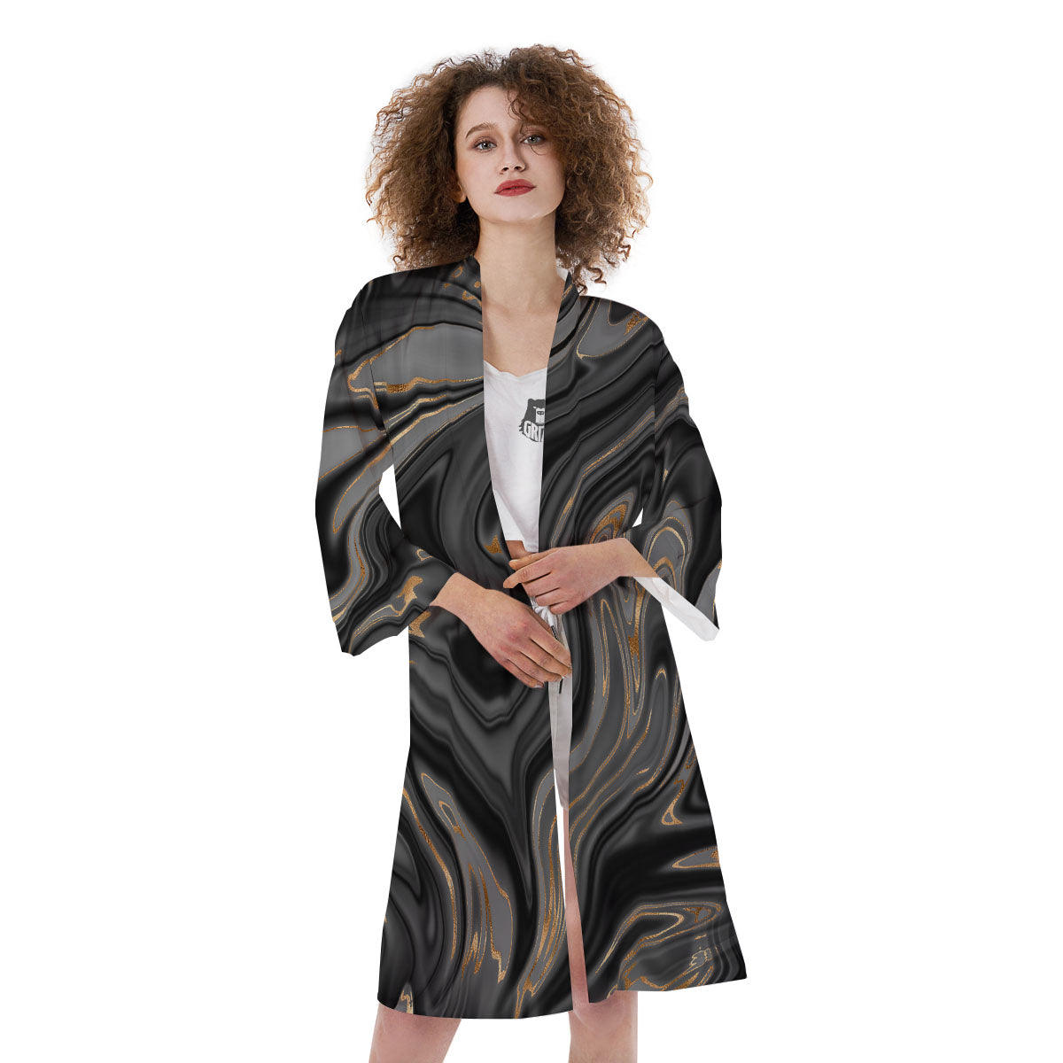 Marble Liquid Grey Gold Print Kimono-grizzshop