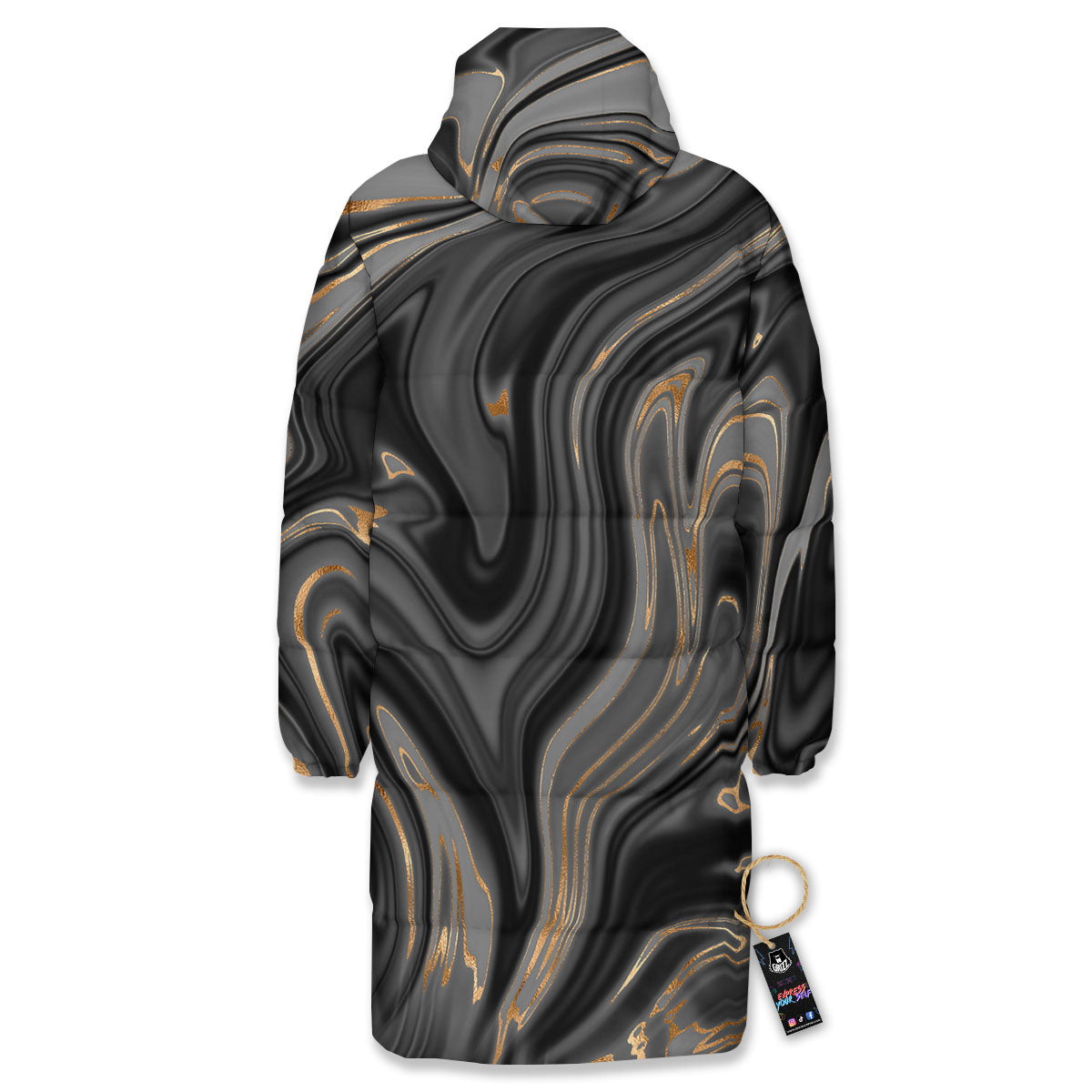 Marble Liquid Grey Gold Print Long Down Jacket-grizzshop