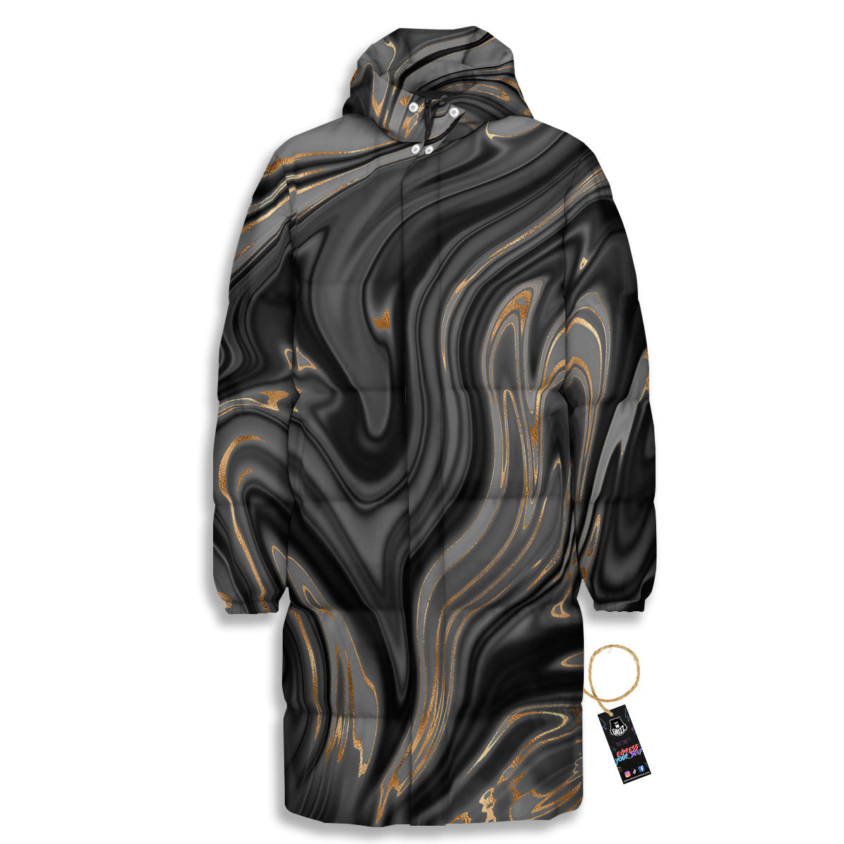 Marble Liquid Grey Gold Print Long Down Jacket-grizzshop