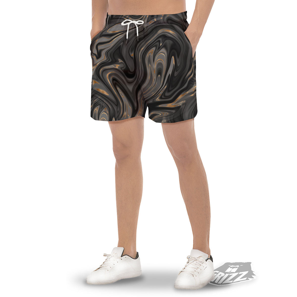 Marble Liquid Grey Gold Print Men's Gym Shorts-grizzshop