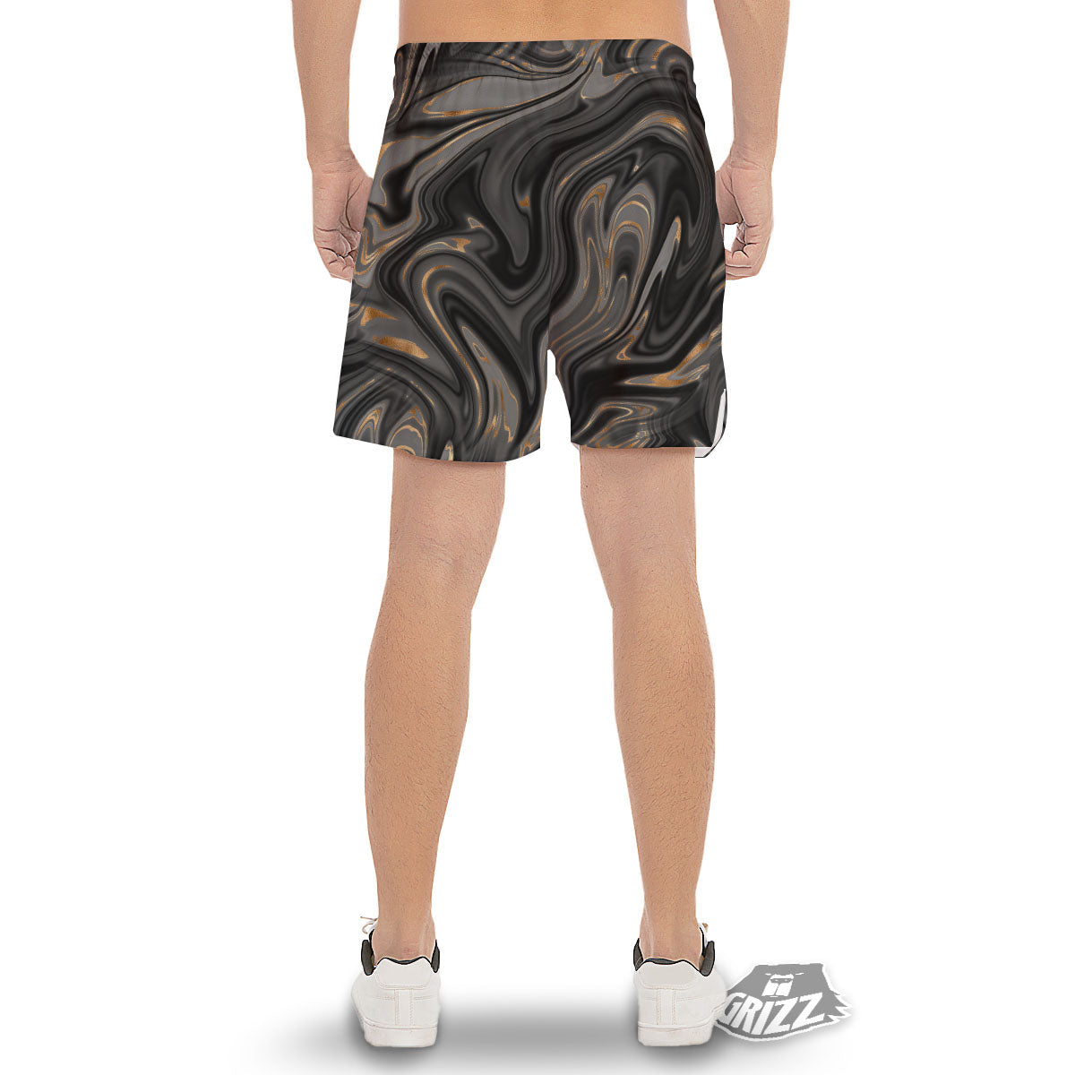 Marble Liquid Grey Gold Print Men's Gym Shorts-grizzshop
