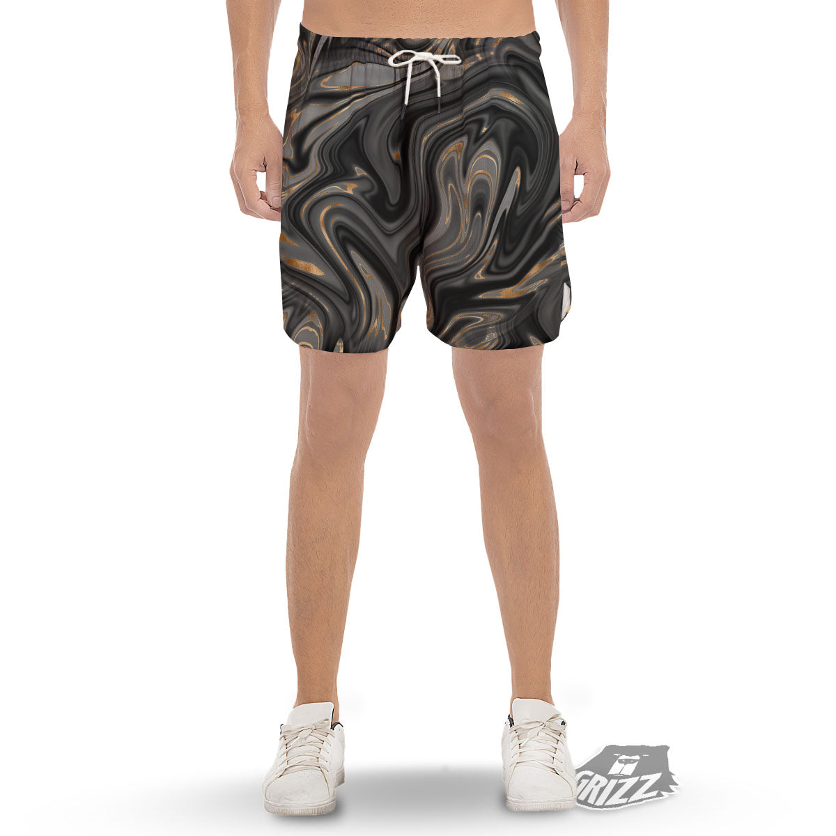 Marble Liquid Grey Gold Print Men's Gym Shorts-grizzshop