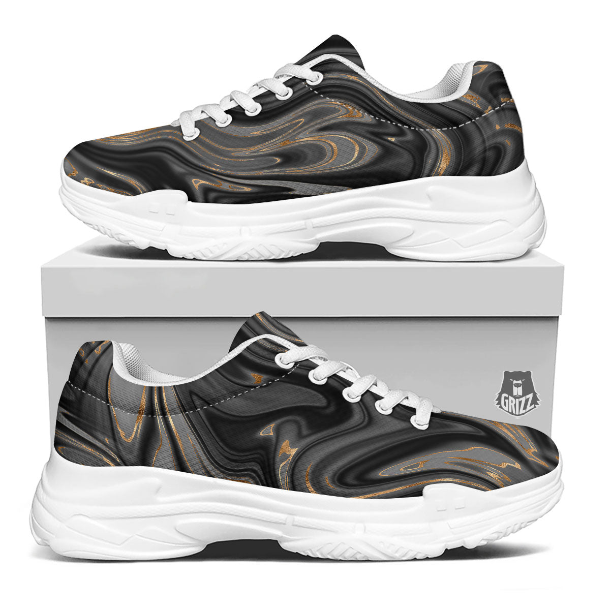 Marble Liquid Grey Gold Print White Chunky Shoes-grizzshop