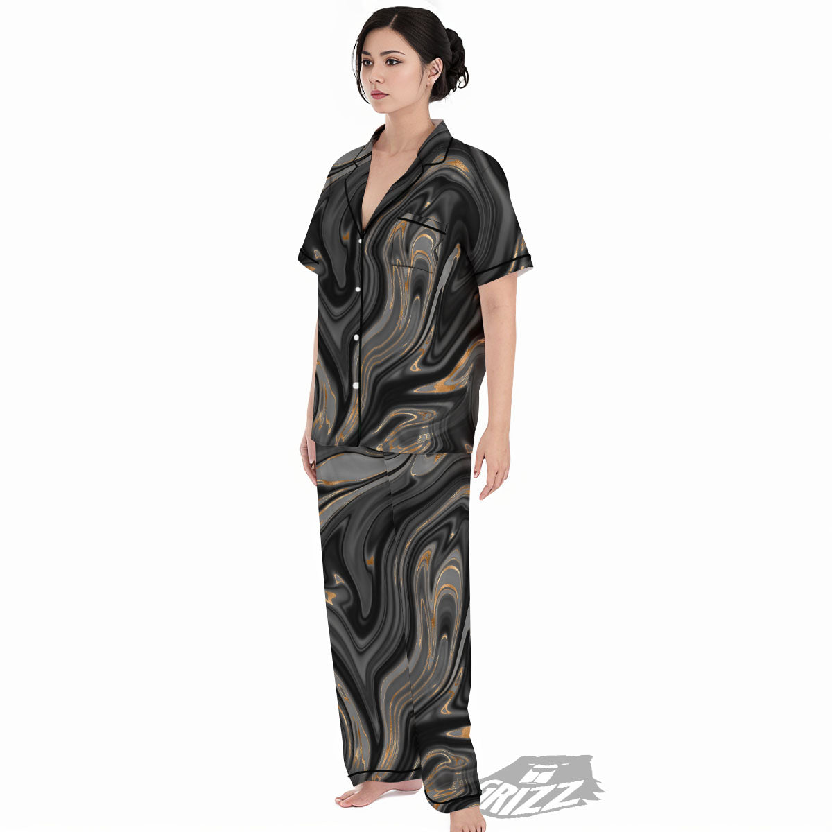 Marble Liquid Grey Gold Print Women's Pajamas Set-grizzshop
