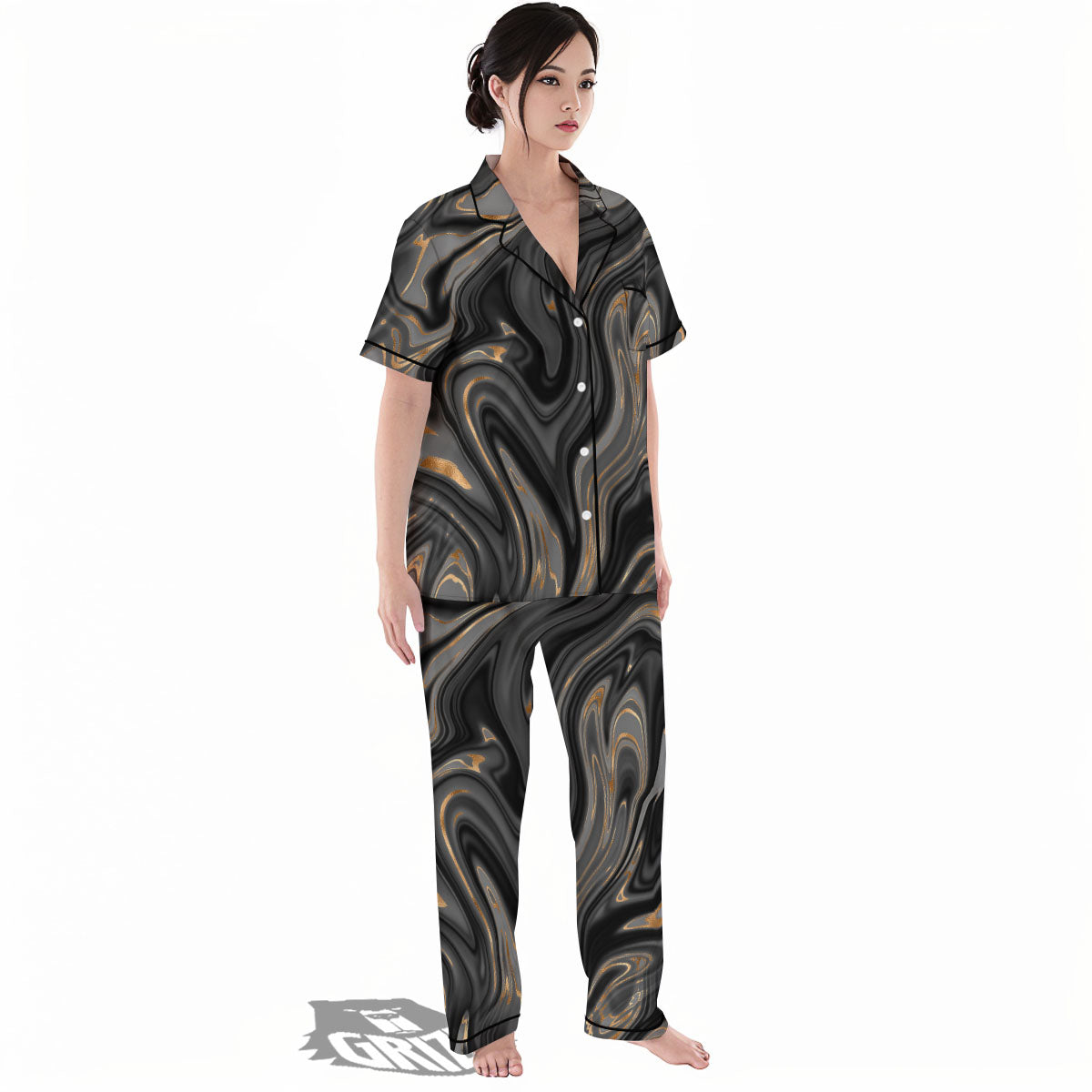 Marble Liquid Grey Gold Print Women's Pajamas Set-grizzshop