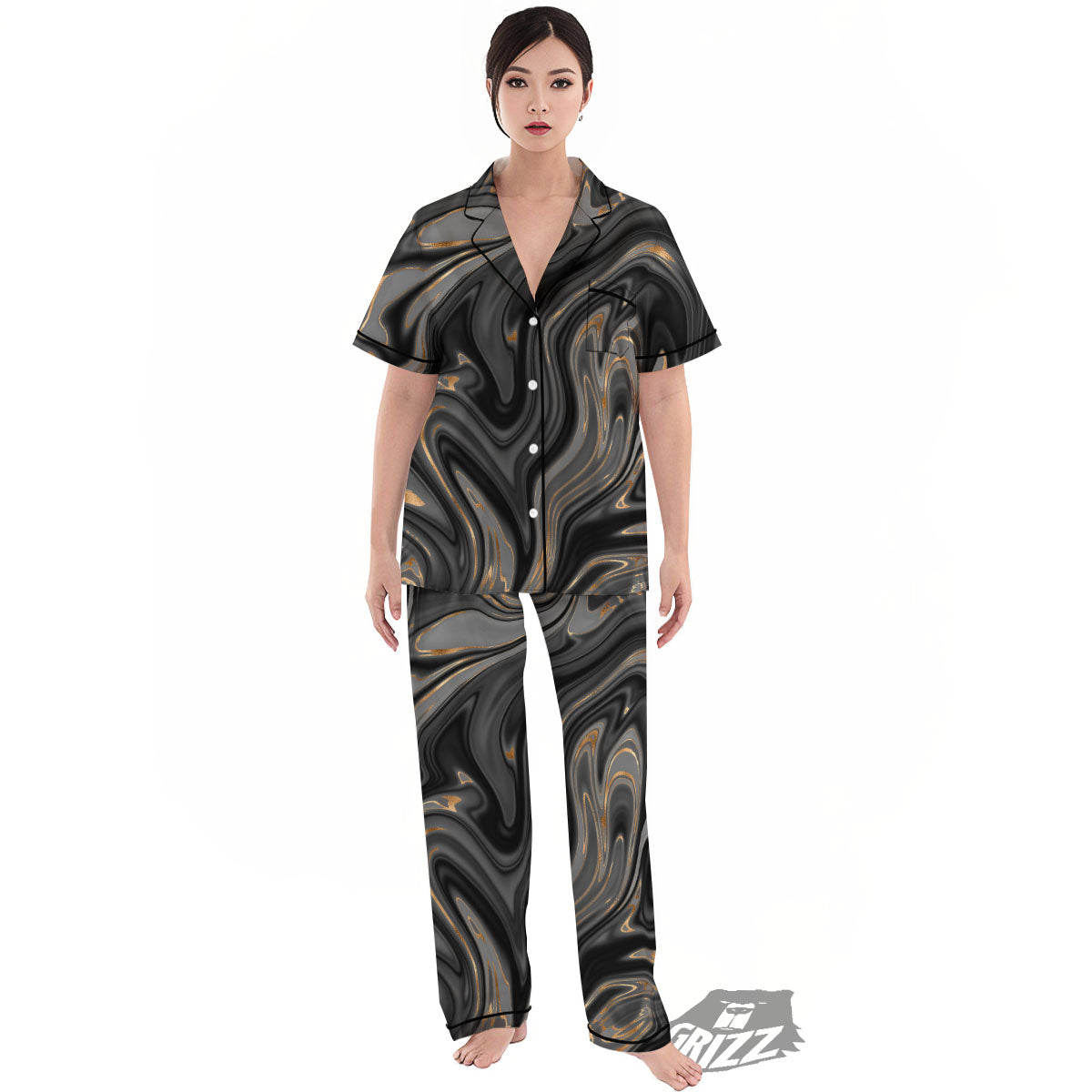 Marble Liquid Grey Gold Print Women's Pajamas Set-grizzshop