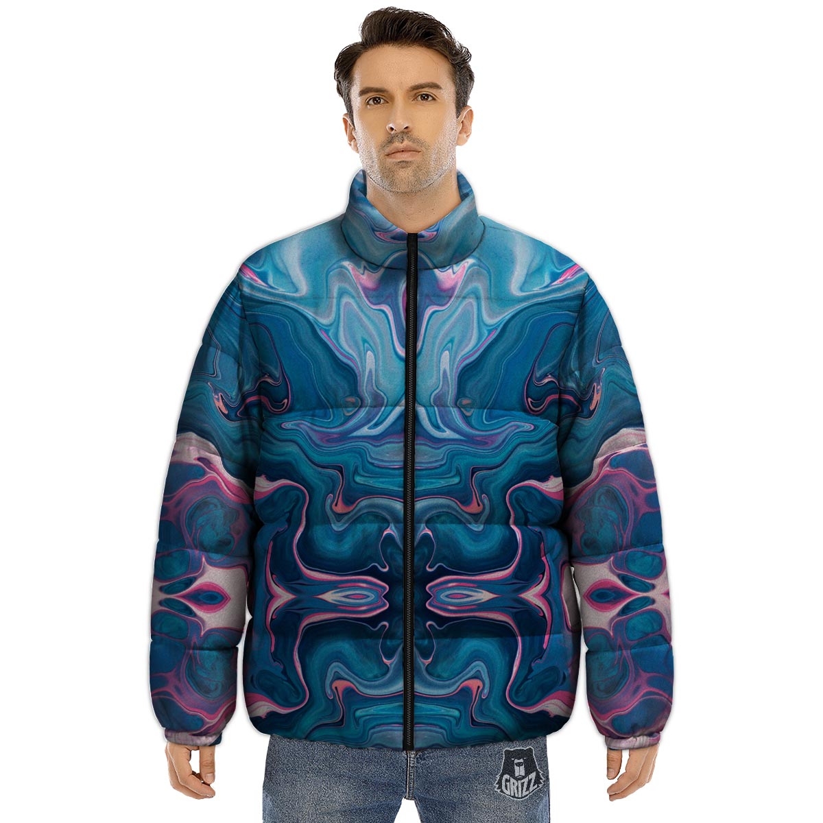Marble Liquid Teal Pink Print Pattern Puffer Jacket-grizzshop