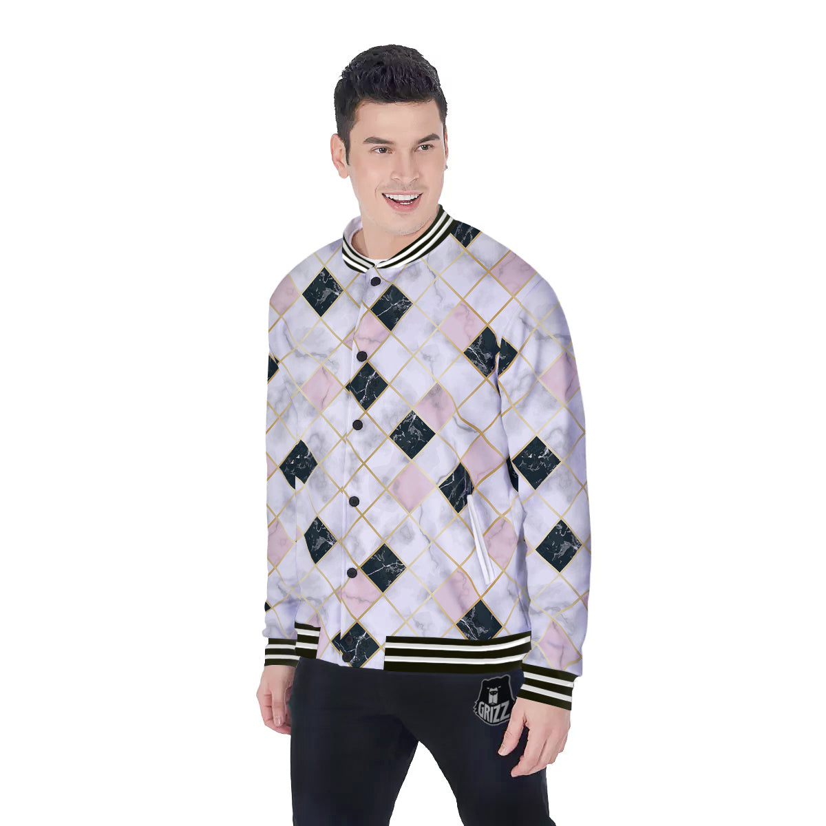 Marble Luxury Geometric Print Baseball Jacket-grizzshop