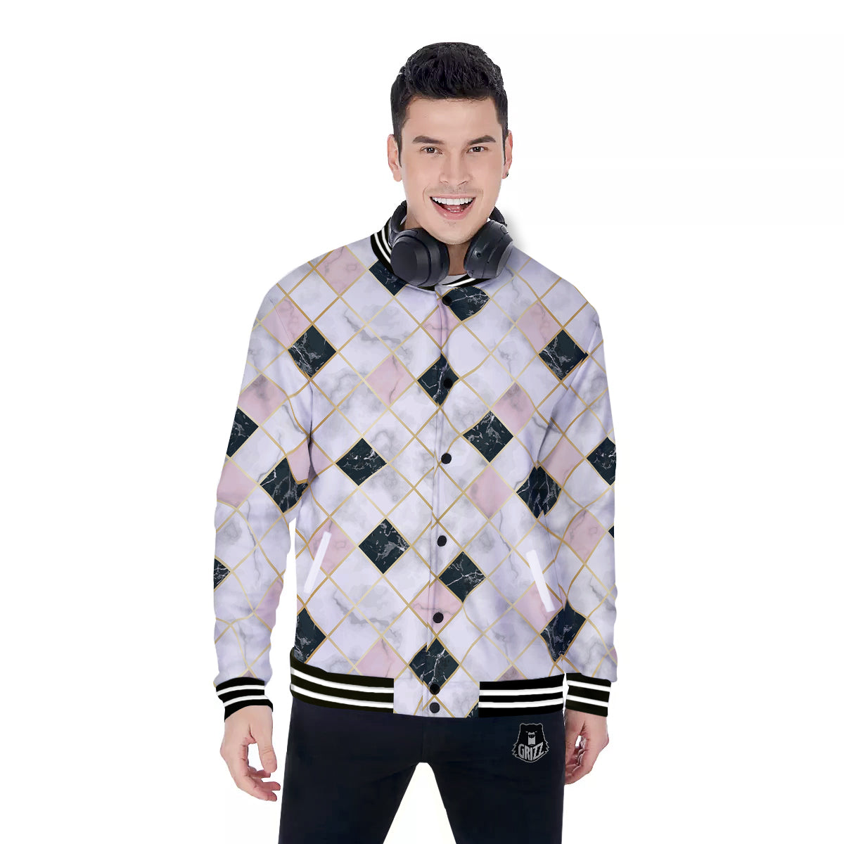 Marble Luxury Geometric Print Baseball Jacket-grizzshop