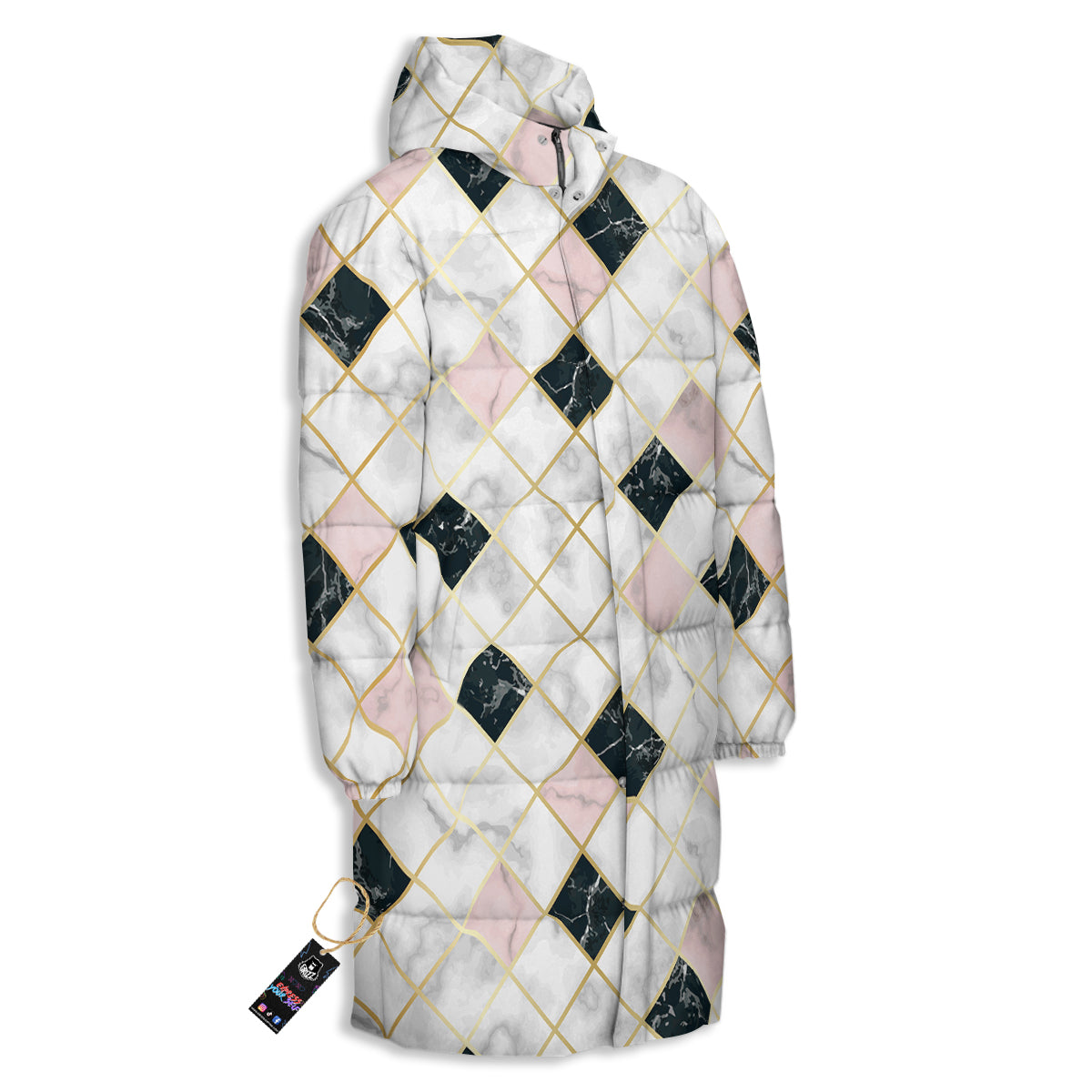 Marble Luxury Geometric Print Long Down Jacket-grizzshop
