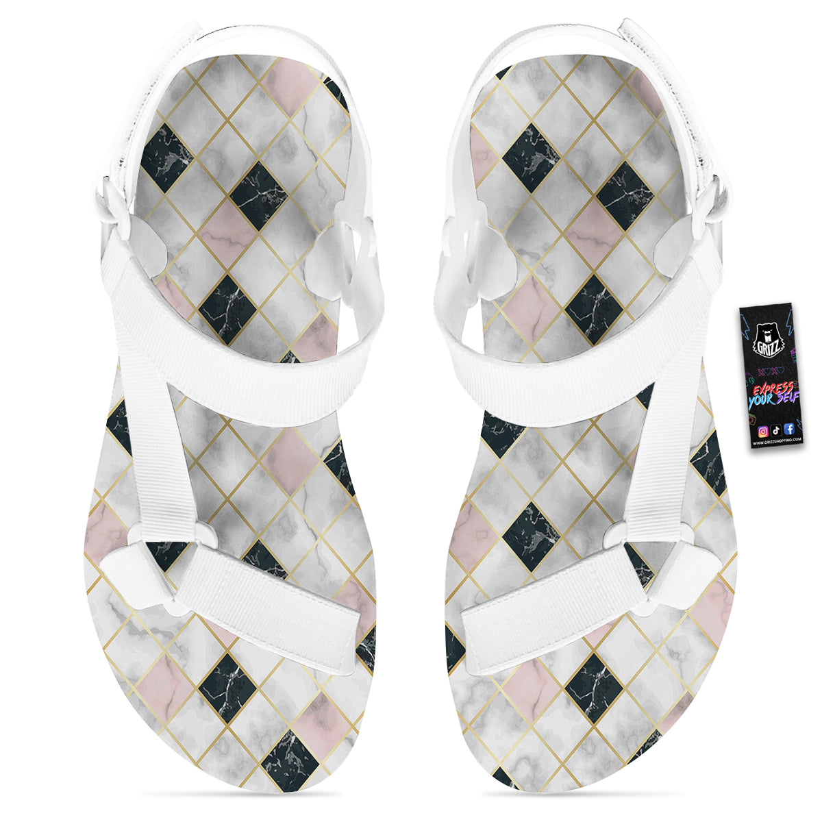 Marble Luxury Geometric Print White Open Toe Sandals-grizzshop