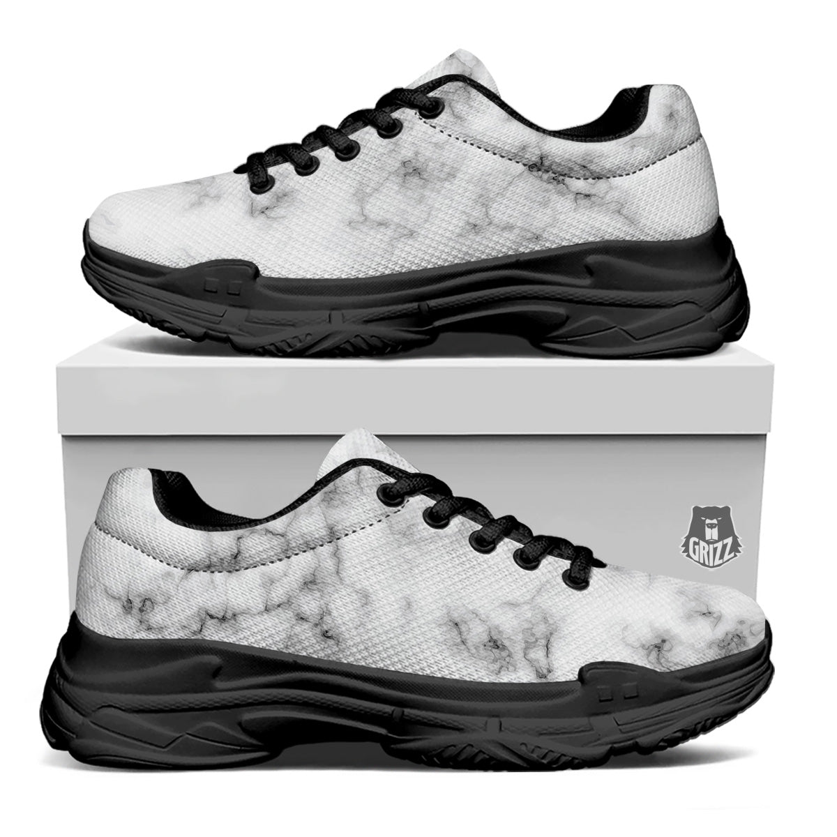 Marble Natural Black White Print Black Chunky Shoes-grizzshop