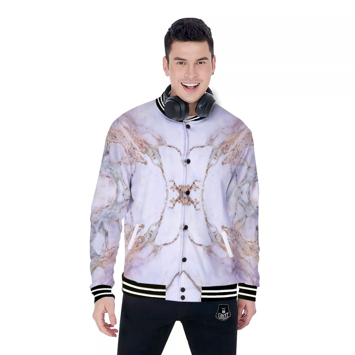 Marble Pink Grey White Print Pattern Baseball Jacket-grizzshop