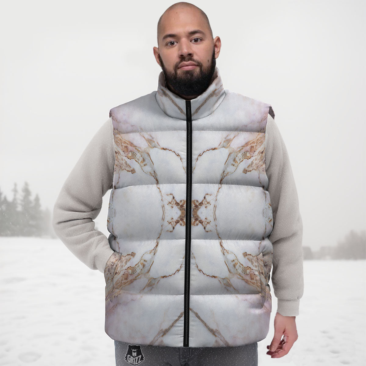 Marble Pink Grey White Print Pattern Down Vest-grizzshop
