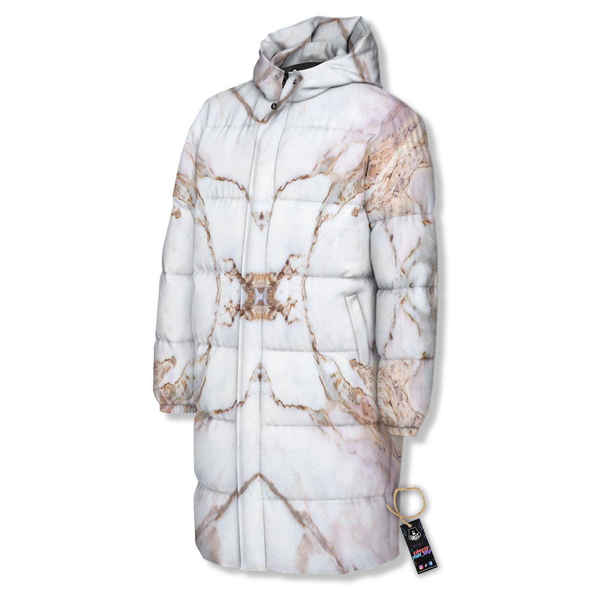 Marble Pink Grey White Print Pattern Long Down Jacket-grizzshop
