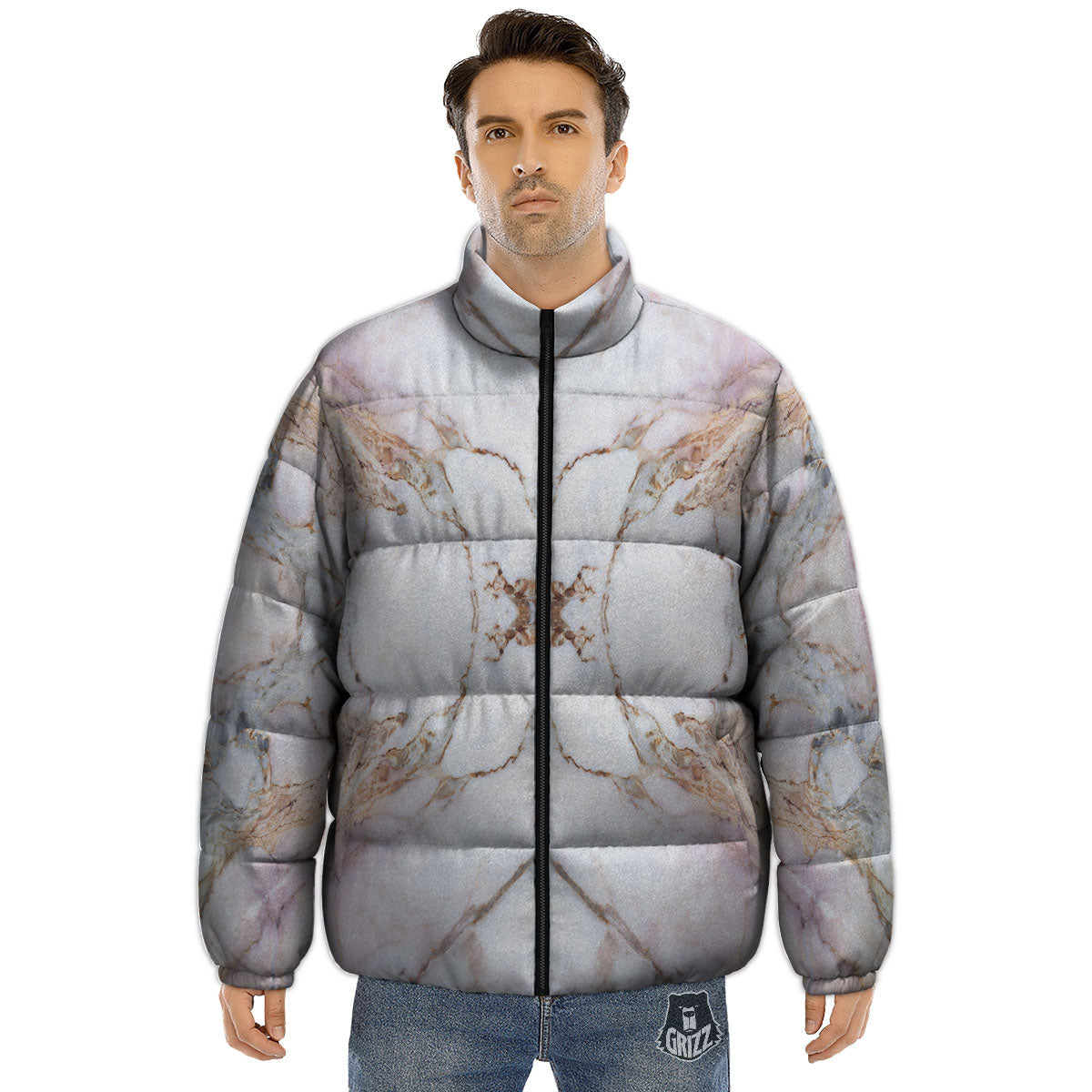 Marble Pink Grey White Print Pattern Puffer Jacket-grizzshop