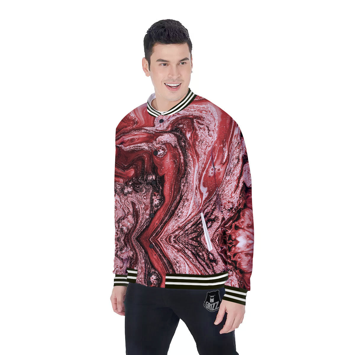 Marble Red Print Pattern Baseball Jacket-grizzshop