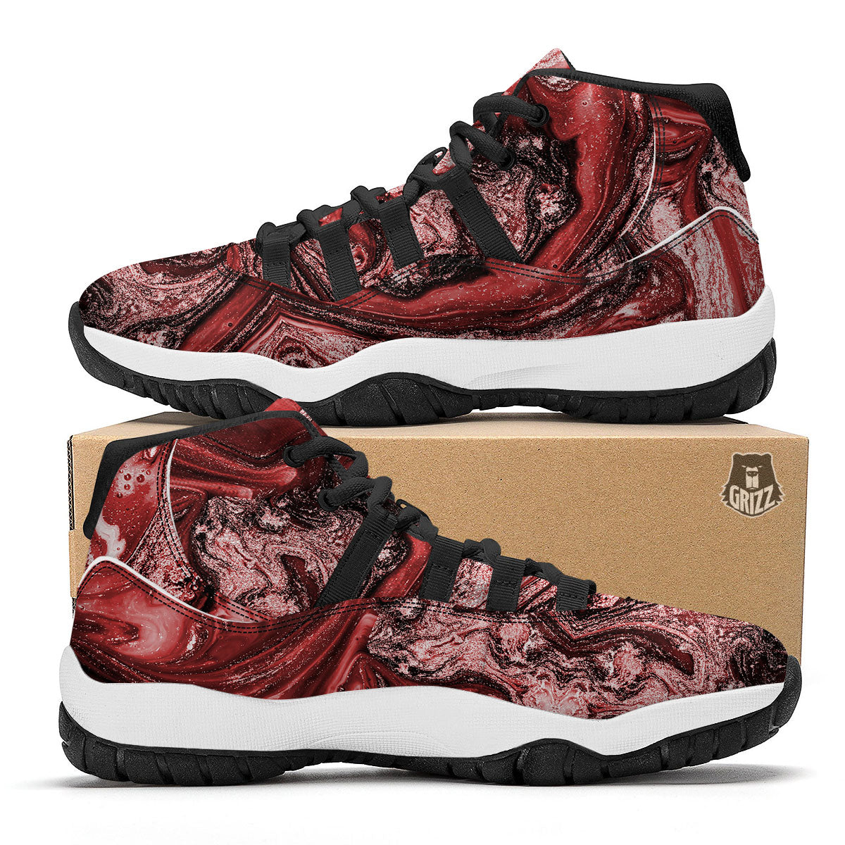Marble Red Print Pattern Black Bball Shoes-grizzshop