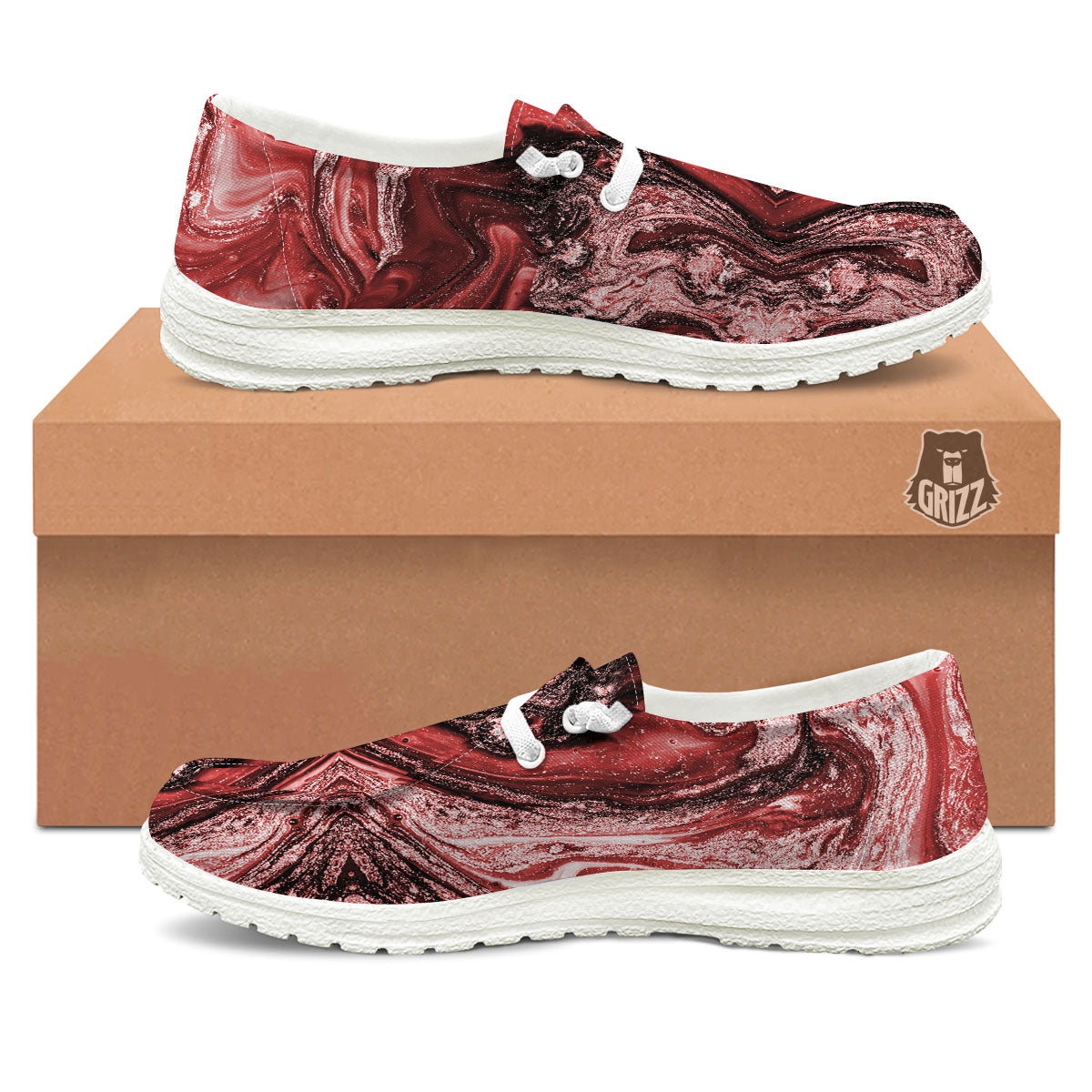 Marble Red Print Pattern Black Loafers-grizzshop