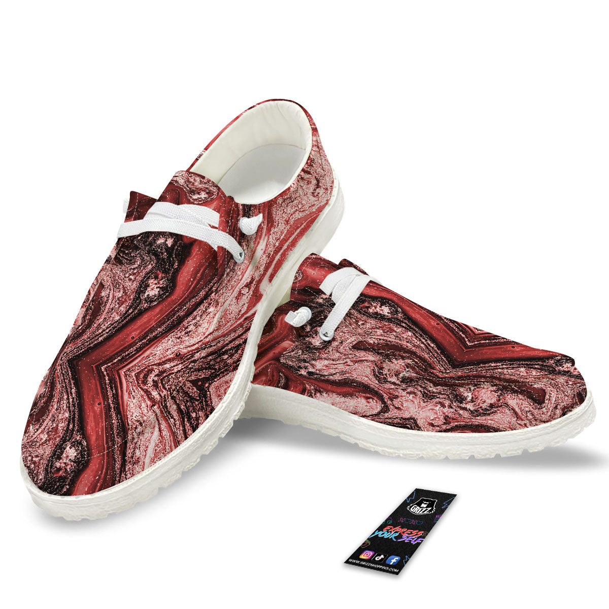 Marble Red Print Pattern Black Loafers-grizzshop