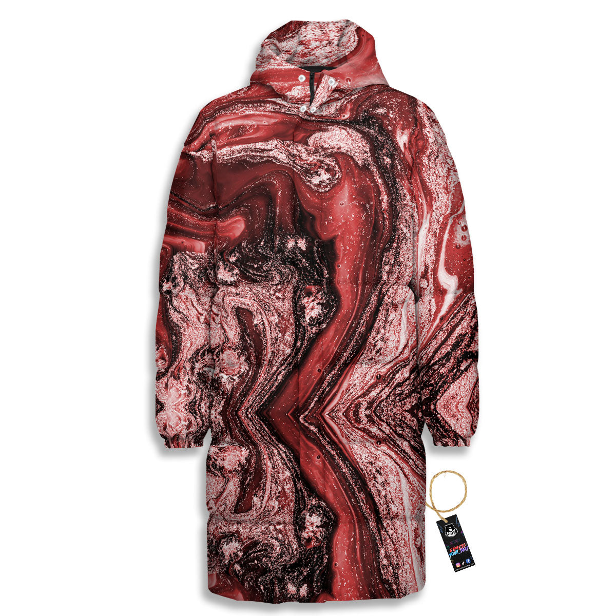 Marble Red Print Pattern Long Down Jacket-grizzshop